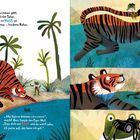 Links: Ein Tiger testet das Wasser. Rechts oben: Tiger schwimmt, Frosch auf dem Rücken. Rechts unten: Frosch mit Fernglas.