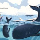 "... sangen die Wale mit." Zwei Kinder segeln auf einem Boot, umgeben von schwimmenden Walen.