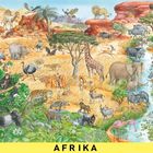 Text: Eine Liste von Tieren mit Nummern. Illustration: Verschiedene afrikanische Tiere in der Savanne. Unten steht "AFRIKA".