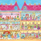 Illustration eines Puppenhauses mit verzierter Fassade, voller Prinzessinnen in bunten Kleidern, Zimmern und Details.
