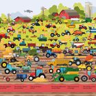 Fragen wie „Findest du den Milchlaster?“ und „Findest du die Kuh, die im Gras liegt?“ sind sichtbar. Szene mit vielen Traktoren.