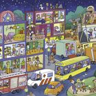 Eine bunte Illustration einer lebhaften Stadt bei Nacht. Menschen sind in Gebäuden und auf der Straße aktiv.