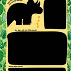 Text: "Kratze dem Dino ein cooles Muster!", "Das ist mein Lieblingstier", "Das habe ich für DICH gemalt", "Meine Unterschrift".  
Illustration: Schwarzer Dinosaurierumriss auf grünem Blätterhintergrund.