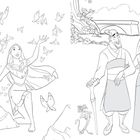 Links: Frau kniet, umgeben von Schmetterlingen. Rechts: Zwei Personen in traditioneller Kleidung, ein Drache am Boden.