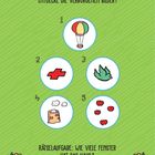 "Entdecke die verborgenen Bilder! Rätselaufgabe: Wie viele Fenster hat das Haus?" Luftballon, Kreuz, Vogel, Brot, Äpfel.