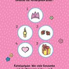 "Entdecke die verborgenen Bilder! Rätselaufgabe: Wie viele Geschenke hat die Prinzessin bekommen?" Illustrationen einer Krone, Kerze, Rosen, Herz und Geschenk auf rosa Hintergrund mit Blumenmuster.