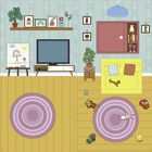 Eine Illustration eines Wohnzimmers: Spielzeug auf gelbem Boden, pastellfarbene Möbel, Pflanzen und ein Kinderbild an der Wand.