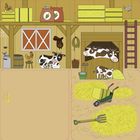 Illustration eines Stalls mit Kühen, Kälbchen, Hühnern, einem Heuboden, einer Mistgabel und Schubkarre. Hayballen liegen verteilt.