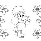 Illustration: Ein freundlich winkender Pudel, umgeben von sechs großen Blüten.