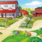 "Für den Bauer sind Fahrzeuge sehr wichtig." Ein Bauernhof mit Traktor, Tieren, Bauernhaus und Imker. Rechts Fragen zu Ernte, Traktor, Auto.