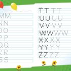 Obere und untere Buchstaben M bis Z, mit Pfeilen zur Schreibanleitung. Luftballons oben, Blumen unten, Hund rechts.