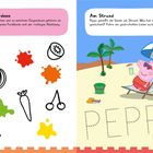 Links: Aufgabe zur Farberkennung mit Fruchtbildern. Rechts: Peppa am Strand mit Liegestuhl, Eimer, Schaufel und Palme.