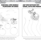 Marshall und Rubble planschen im Kreis. Auf der Rutsche mit Chase, Skye und Marshall. Beide Illustrationen zeigen Hunde.