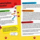 „Die Materialien im Einsatz!“ Text über Bastelanleitungen mit Überschriften: „Ihre Unterstützung“, „Schneiden wie die Großen“, „Kleben mit Geschick“, „Abenteuer Ausmalen“. Enthält Anweisungen und eine Abbildung eines Hundes in Feuerwehruniform.
