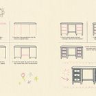 "Work Desk. Schritte zur schrittweisen Zeichnung: 1. Start with a long rectangle. 2. Draw four lines... 7. Finish by drawing six more rectangles in the drawers..." Links kleinere Zeichnungen eines Tisches. Rechts weitere Schritte zur Vervollständigung. Skizzenhafte Blumen und Sterne.