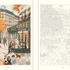 "Café Saint-Germain" auf Markise. Links herbstliche Szene mit Personen und Hund, rechts skizzenhafte Zeichnung der gleichen Szene.