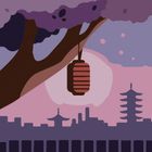 Eine rote Laterne hängt an einem Baum vor einer Skyline mit Pagoden bei Sonnenuntergang.