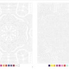 Zahlen 1 bis 10 zum Ausmalen. Zwei feine Mandalas mit floralen Mustern. Unten Farbpalette mit 10 Farben.