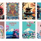15: Samurai in Rot. 17: Ramen Temple mit Affe. 21: Japan Fuji, Berg und Pagode. 27: Fuji, Kirschblüten. Japanische Illustrationen.