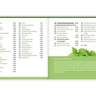 Eine Liste von Themen mit Zeiten daneben. Hinweise des Verlags unten. Illustration: Brennnesselblätter.