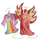 Illustration: Ein roter Engel mit goldenem Herzen hält ein buntes Kleid mit Stern.