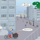 "Wir wollen doch zum Hallenbad." Sagt ein Mann mit Hund und Lastenrad vor einem Wohnhaus. Oben thront ein grüner Dinosaurier.