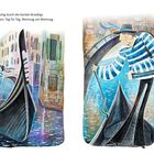 Text oben: "Währenddessen fuhr der Gondoliere Angelo stolz und ruhig...". Illustration eines Gondoliere auf Venedigs Kanälen.