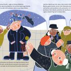 Ein kleines Mädchen pflückt Blumen vom Kopf eines Mannes, umgeben von Menschen, die fröhlich sind. Winterliche Atmosphäre.