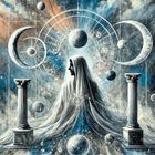 "II - Die Hohepriesterin" steht unten. Eine mystische Frau in weißen Gewändern mit Planeten und Säulen umgeben.