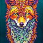 "FUCHS Zukunft" unten links, bunte Illustration eines Fuchskopfes mit komplexen Mustern und leuchtenden Farben.