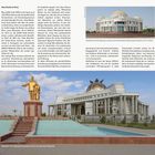 Seite 30: Text über die Stadt Mary, historische und moderne Bedeutung. Foto: Goldene Statue vor Bibliothek mit markanter Architektur.