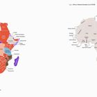Links: Afrika 1914, farbig markiert nach imperialer Souveränität. Rechts: Afrika 2022, graue Ländergrenzen.