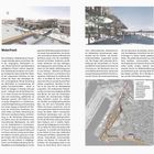 "Waterfront" – Die Haupttextpassage behandelt die städtebaulichen Erneuerungen Venedigs, speziell die Umwandlung der Marittima. Rechts oben eine Illustration der modernen Architektur mit Menschen. Unten eine Karte des Gebietes mit nummerierten Gebäuden.