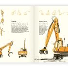 „Staging“ und „Montag 07:30 Uhr“ beschreiben Texte über Zeichentechniken und morgendlichen Baulärm. Skizzen von Baggern.