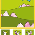 Illustration: Grüne Hügel unter blauem Himmel mit Regenbogen, rosa Büschen. Unten drei springende Einhörner mit Sternen.