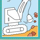 "Die Abrissbirne schwingt weit aus, zerstört im Nu ein ganzes Haus." Illustration eines Baggers mit Abrissbirne.
