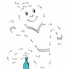"Wer kommt denn hier aus der Flasche? Folge den Pfeilen mit deinem Stift." Ein Umriss mit Pfeilen und eine Flasche.