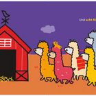 Text: "Und acht Alpakas?" Illustration: Bunte Alpakas stehen vor einer roten Scheune mit Heu und einer Schaufel daneben.