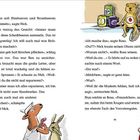 Zwei Textblöcke: Links über das Sammeln von Beeren und Reparaturen, rechts ein Gespräch über Aufgaben und Geschlechterrollen. Darunter Tiere.