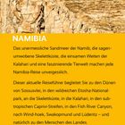 Text beschreibt Namibia als Reiseziel, hervorgehoben durch seine Landschaften und Tierwelt. Bild oben zeigt einen Löwen auf Felsen.