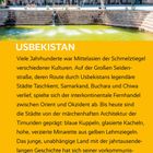 "USBEKISTAN – Viele Jahrhunderte war Mittel­asien der Schmelz­tiegel..." Vor einem historischen Gebäude mit Wasserfontänen.