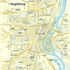 "Magdeburg, Übersicht" oben links. Eine detaillierte Straßenkarte von Magdeburg mit Stadtteilen und Hauptstraßen.