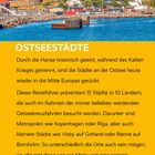 Text beschreibt Ostseestädte, ihre historische Bedeutung und touristische Attraktionen. Oberer Teil zeigt eine Küstenstadt.