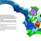Text auf Deutsch und Ukrainisch über Traurigkeit und Asche. Rechts Illustration eines blauen Wesens mit Topf und lila Blume.