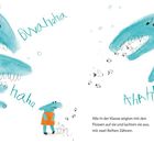 „Alle in der Klasse zeigten mit den Flossen auf sie und lachten sie aus“; blaue, dinosaurierartige Figuren, eine kleine orangene.