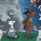 Text beschreibt eine gruselige Geschichte von Zecke. Ziegen mit Glocken, eine Möhre haltend, zeigen erschrockene Gesichter.