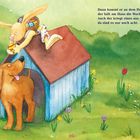 Text: „Dann kommt er an dem Hund vorbei, der hält am Haus die Wacht. Auch der kriegt eines aus dem Korb, da sind es nur noch acht.“ Illustration: Ein Hase auf einem Hundehaus reicht einem Hund ein Osterei.