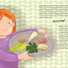 Nadja balanciert einen Sederteller mit bitteren Kräutern, Meerrettich, Ei, Knochen, Petersilie, Charosset aus. Illustration.