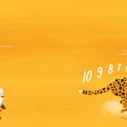 „Gepard, ziehen wir jetzt los?“ und „Simon warte noch“, rief der Gepard. Illustration: Vogel und Gepard mit Countdown.
