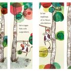 In vier Illustrationen klettert eine Kuh namens Tina auf einen Baum. Ein Eichhörnchen ist ebenfalls zu sehen.